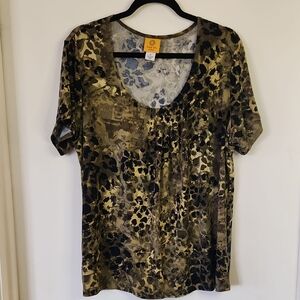 Ruby Rd Green and Tan Short Sleeve Blouse